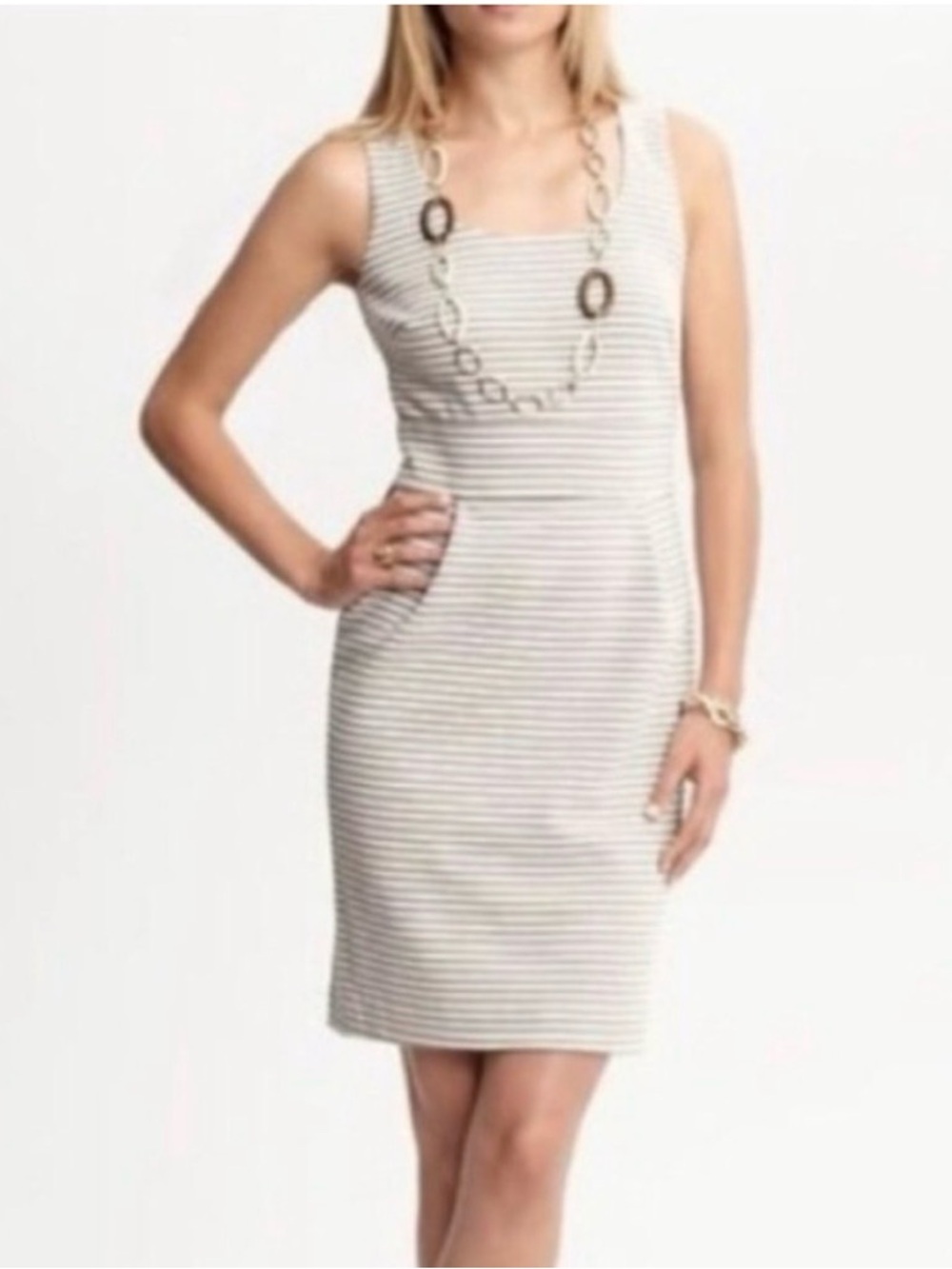Banana Republic Striped Stretch Sheath Dress Women's Sz 14 Khaki White